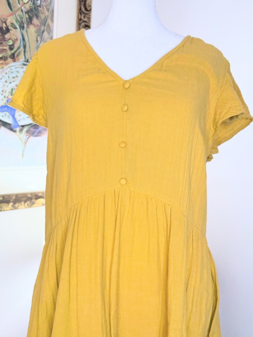 Time Tru Yellow Cotton Gauze Midi Dress L 12 14 Boho Tiered Summer Beach - Picture 2 of 7